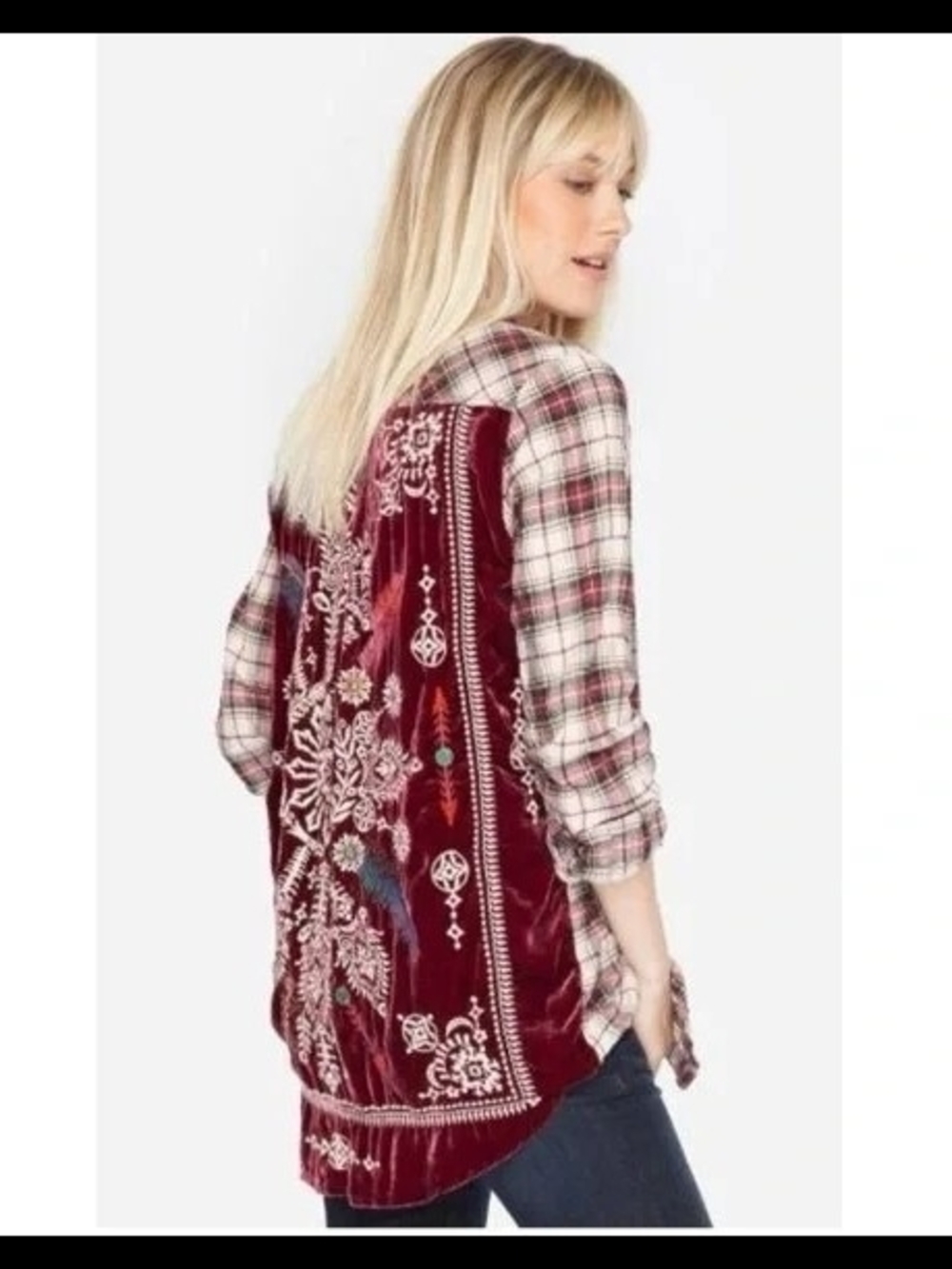 Johnny Was Lorie Boho Embroidered Velvet Back Plaid Button-Down